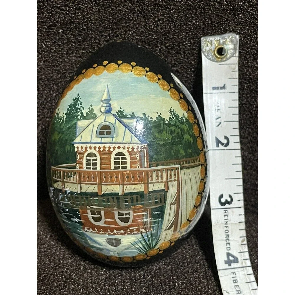 Russian Egg Hand painted Log Cabin On Lake Water